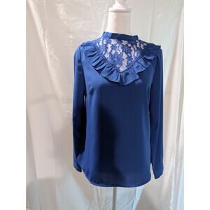 Molly Bracken top Blouse Women's Size XS Royal Bold Blue Lace Ruffle Boho Classy